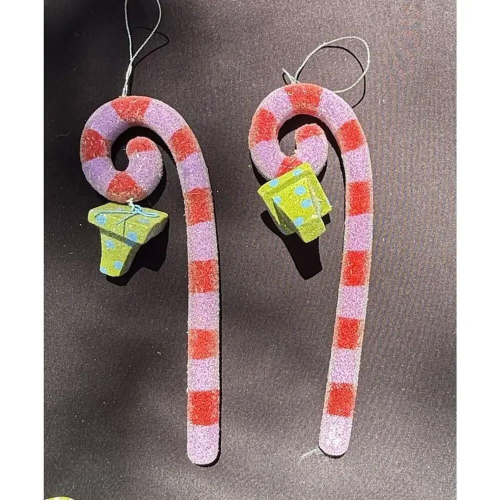 2 Vtg Dept 56 Whimsical Sugared Candy Cane Christmas Ornaments Frosted -K1